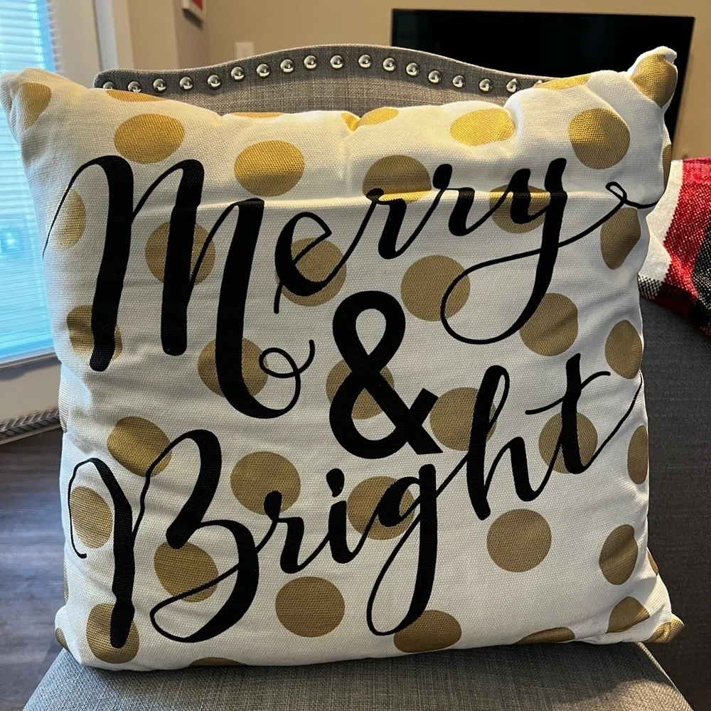Merry and Bright | White and Gold Holiday Pillow